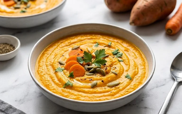 Wärmende Karotten Süßkartoffel Suppe vegan