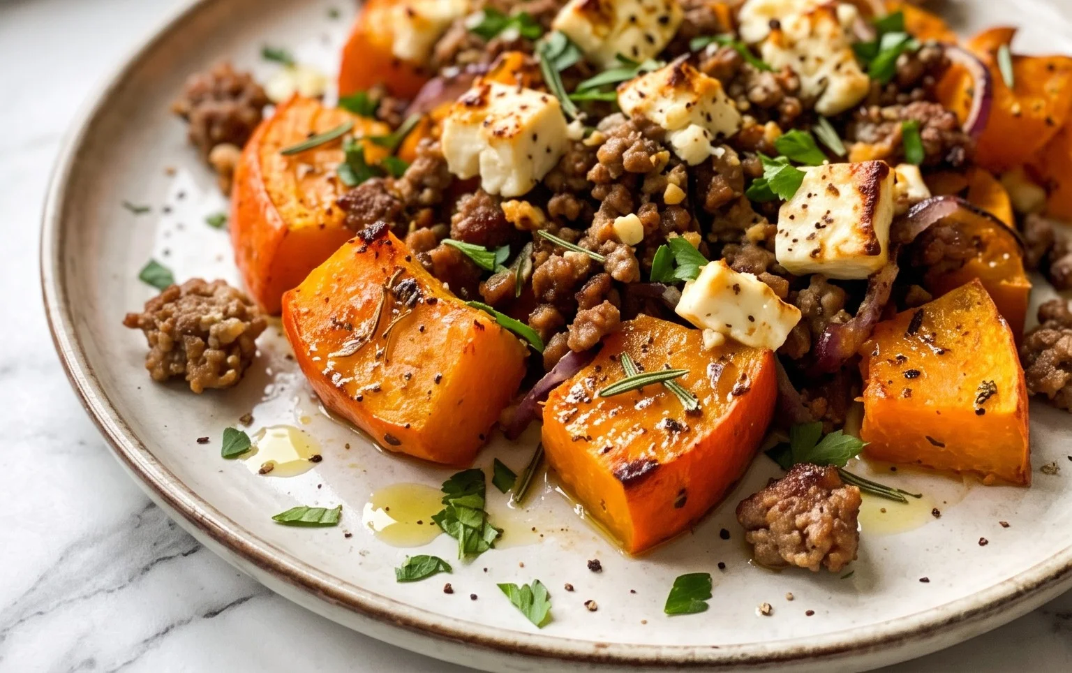 Kürbisgemüse vom Blech mit Feta und Hack Rezept