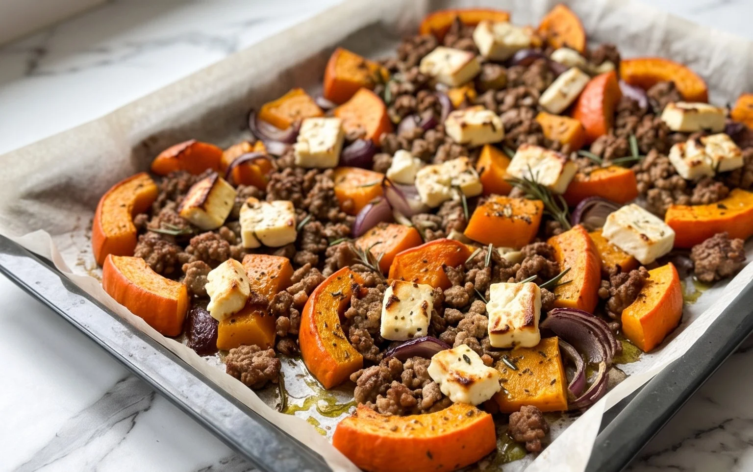 Kürbisgemüse vom Blech: Mit Feta & Hack