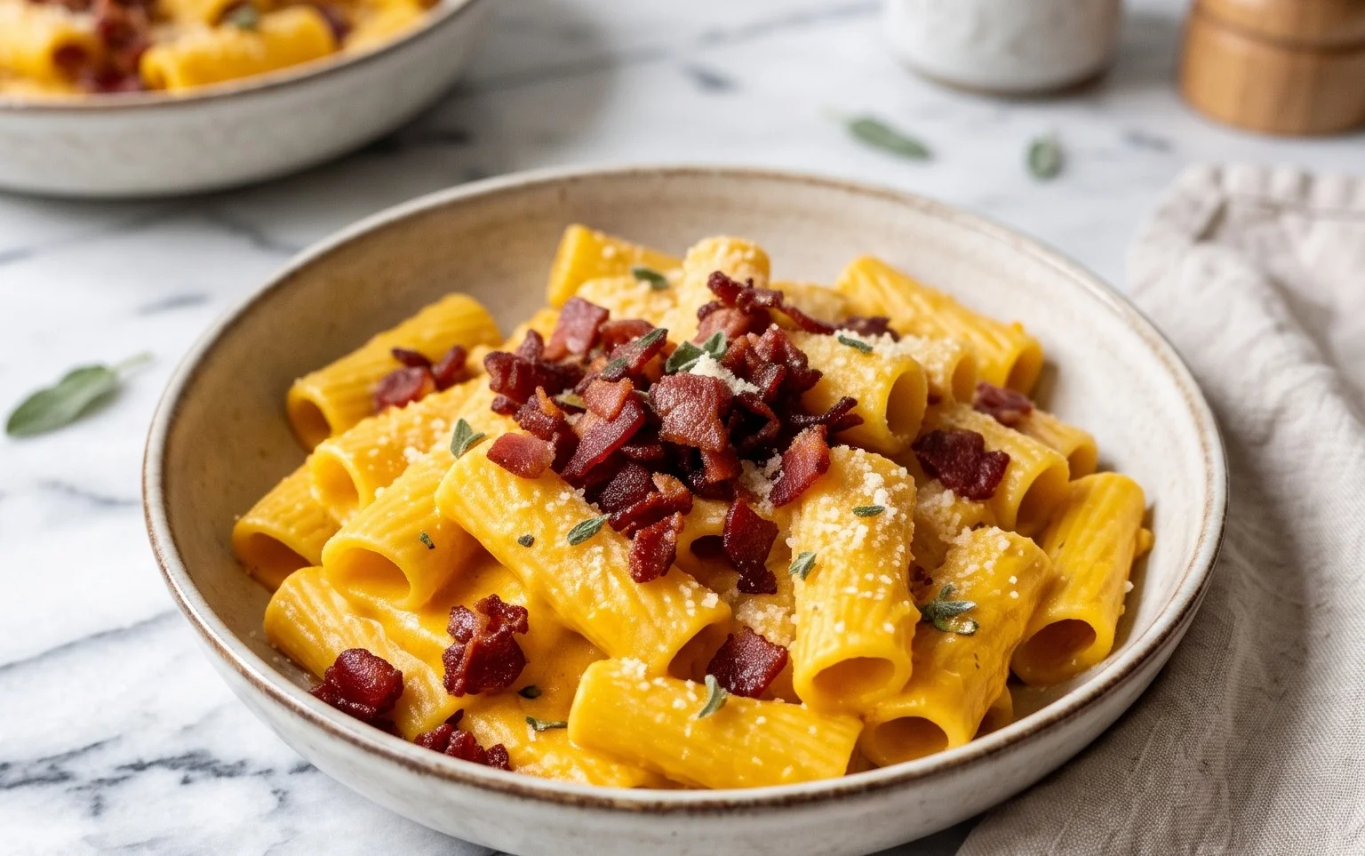 Cremige Kürbis-Pasta mit Rinder-Beef Bacon: Schnelles Rezept