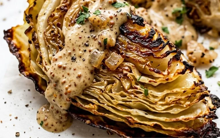 Easy Roasted Cabbage with Amazing Onion Dijon Sauce