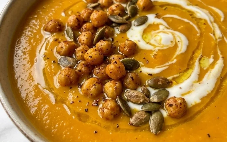 Vegane Kürbis Suppe mit knusprigen Kichererbsen