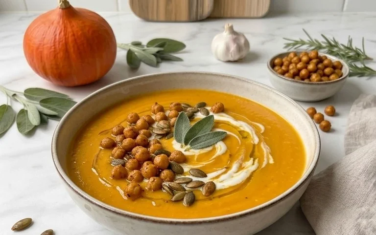 Vegane Kürbis Suppe: Rezept mit knusprigen Kichererbsen
