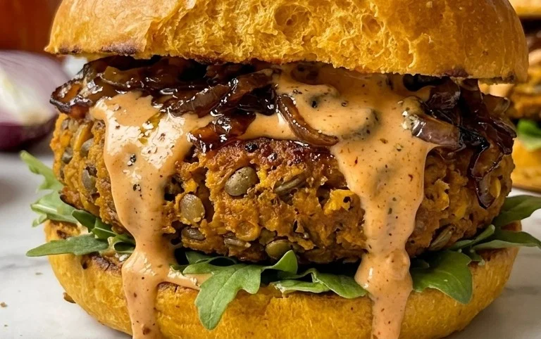 Kürbis-Zwiebel-Burger-Brötchen und Kürbis-Linsen-Patties: Herbstburger-Sause