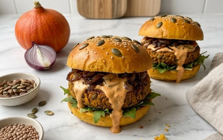 Kürbis-Zwiebel-Burger mit Linsen-Patties selber machen