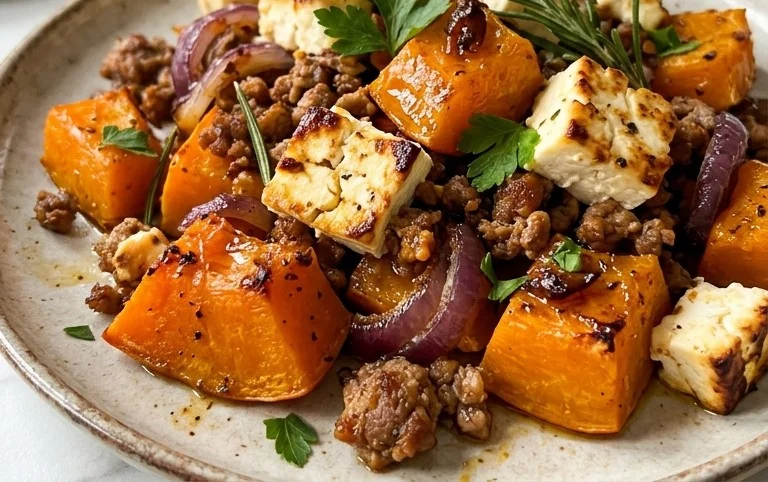 Kürbisgemüse vom Blech mit Feta und Hack Rezept