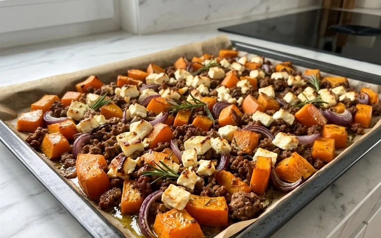Kürbisgemüse vom Blech: Schnelles Rezept mit Feta und Hack