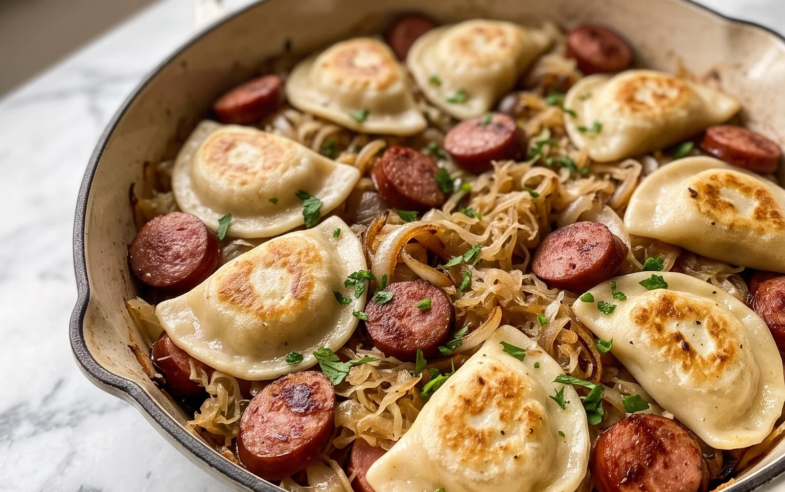 Kielbasa, Pierogies & Sauerkraut: Schnelles Pfannengericht