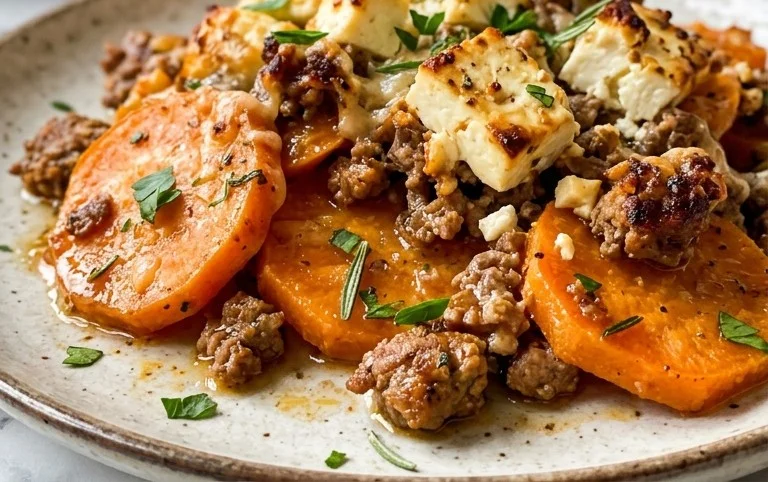 Süßkartoffel-Hackfleisch-Auflauf mit Feta