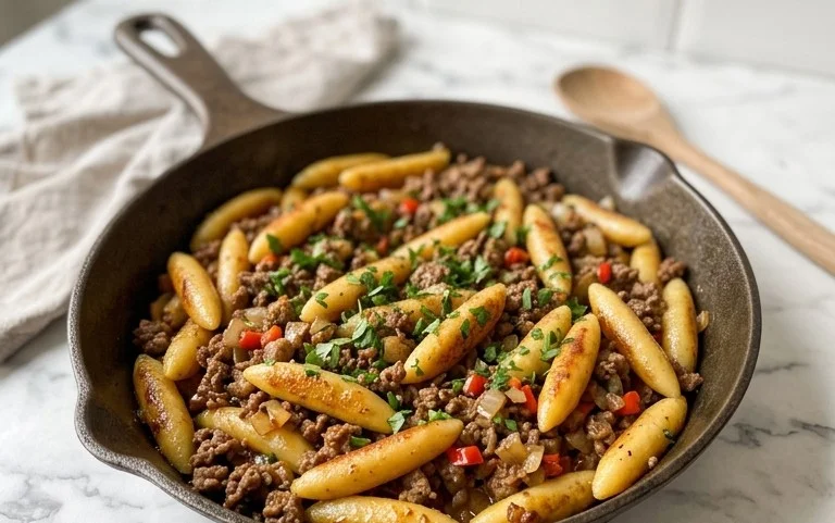 Herzhafte Schupfnudelpfanne mit Hackfleisch und Gemüse