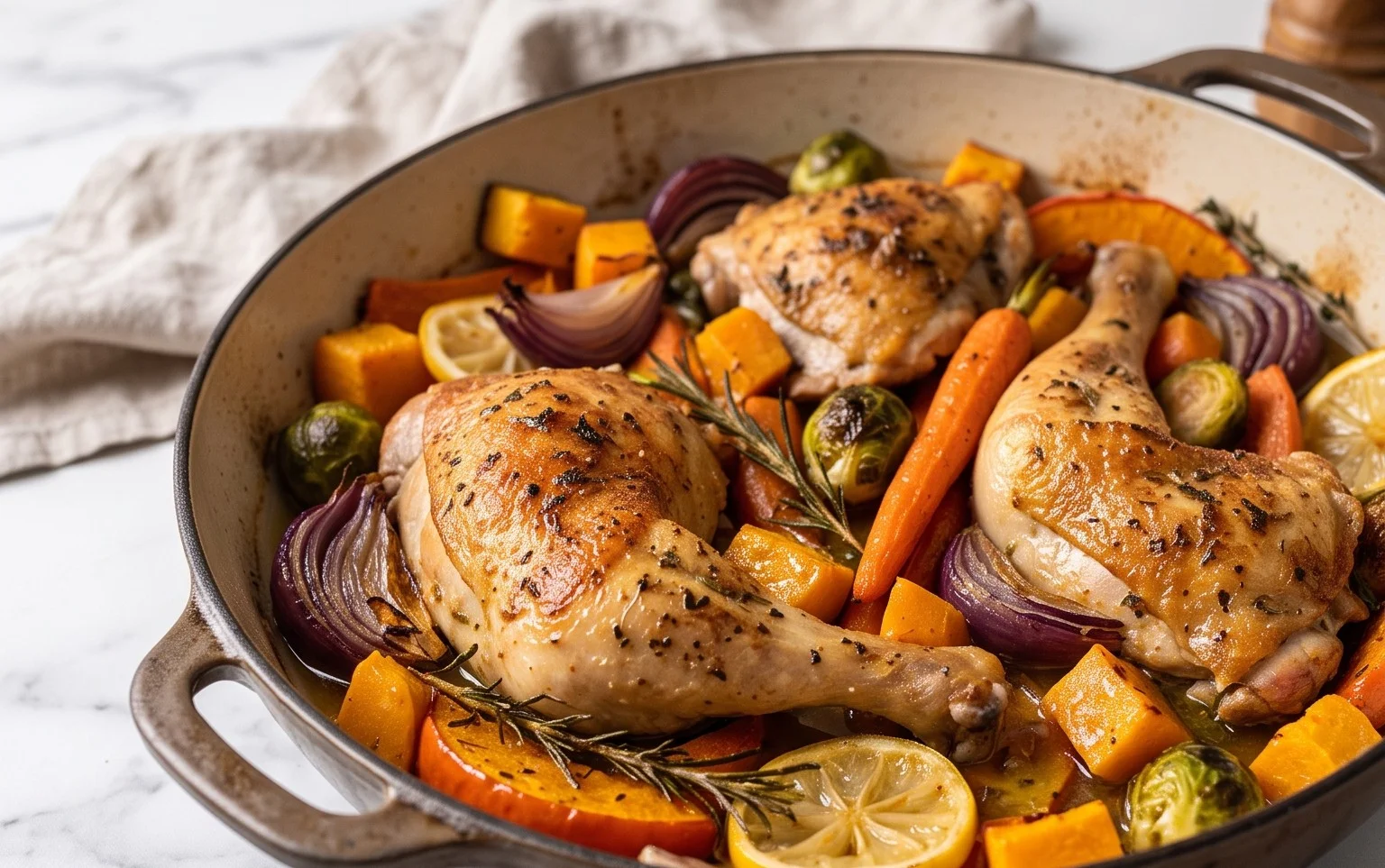 Herbstliches Hähnchen vom Blech: Ofengemüse Rezept
