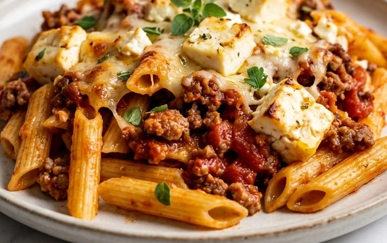 Griechischer Nudel-Auflauf mit Feta und Hackfleisch