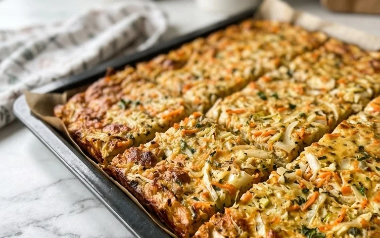 Herzhafter Gemüsekuchen vom Blech mit würzigem Kohl
