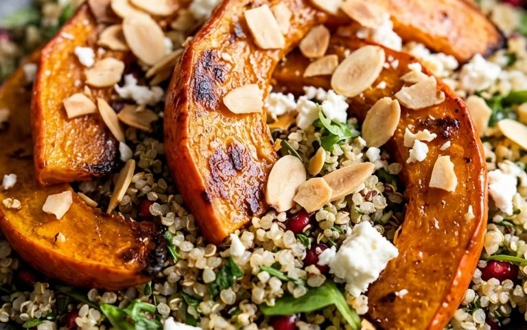 Gerösteter Hokkaido-Kürbis auf Quinoa-Salat mit Mandeln