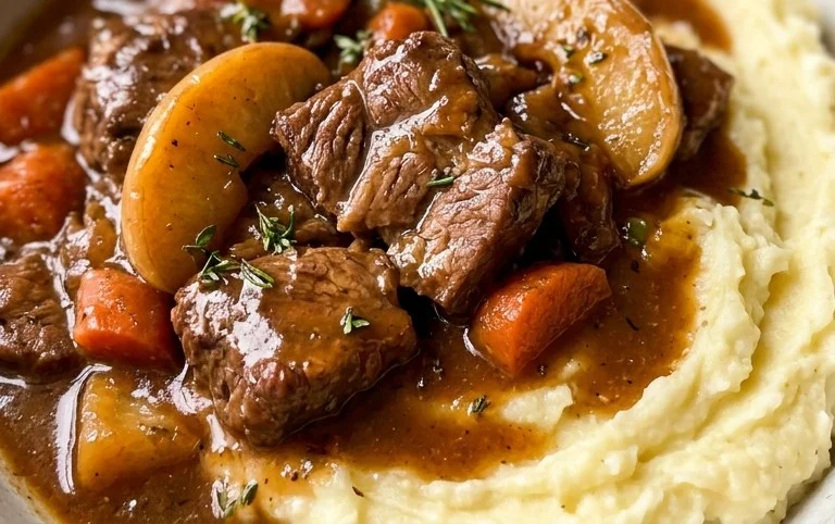 Fall Apple Cider Stew over Mashed Potatoes