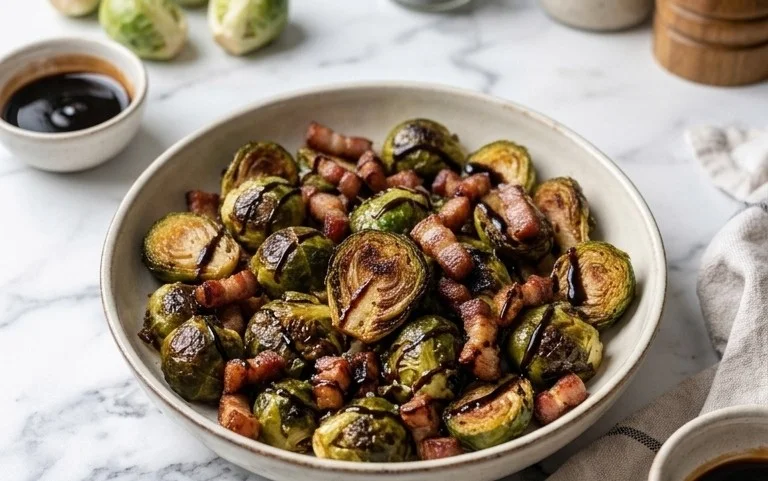 Knuspriger Rosenkohl aus dem Ofen mit Balsamico & Bauch