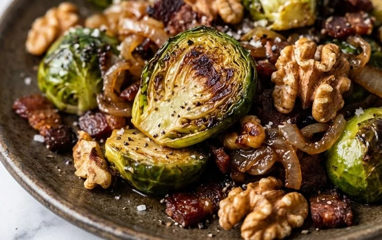 Sauteed Brussels Sprouts with Beef Bacon Onions and Walnuts