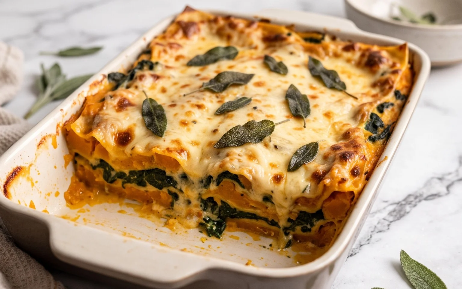 Saftige Kürbislasagne mit Spinat und frischem Salbei